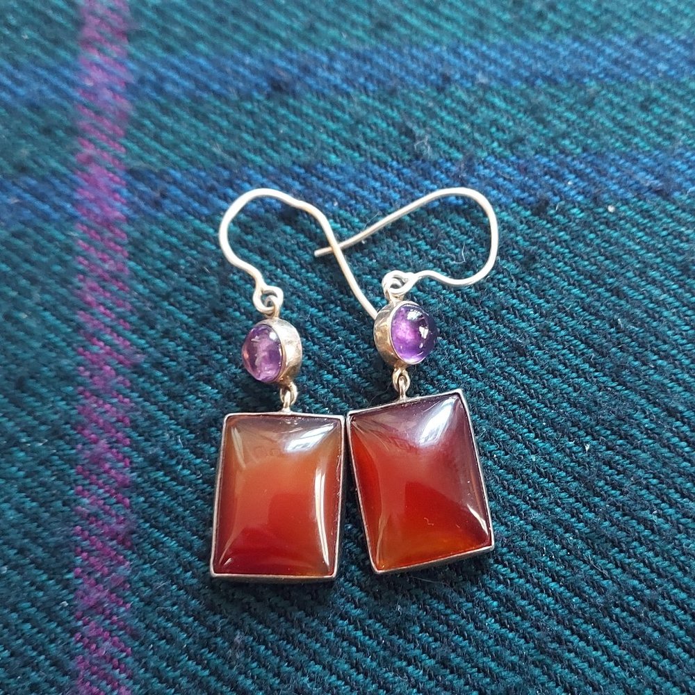 .925 Sterling Carnelian & Amethyst Dangle Earrings Gemstone Drops - Picture 2 of 4
